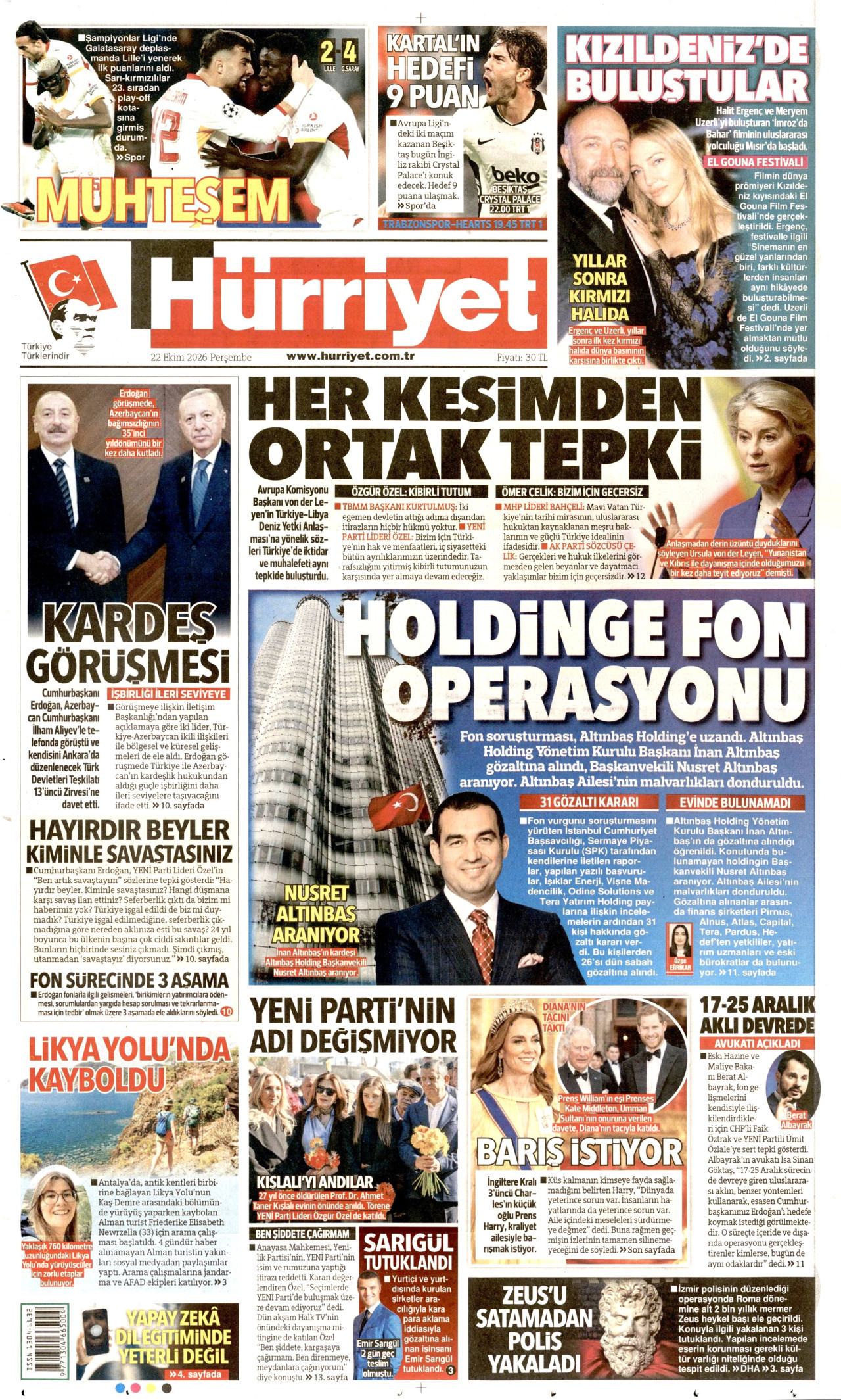 Hürriyet Gazetesi 23 Ekim 2026 Cuma Manşeti Büyük Boyut
