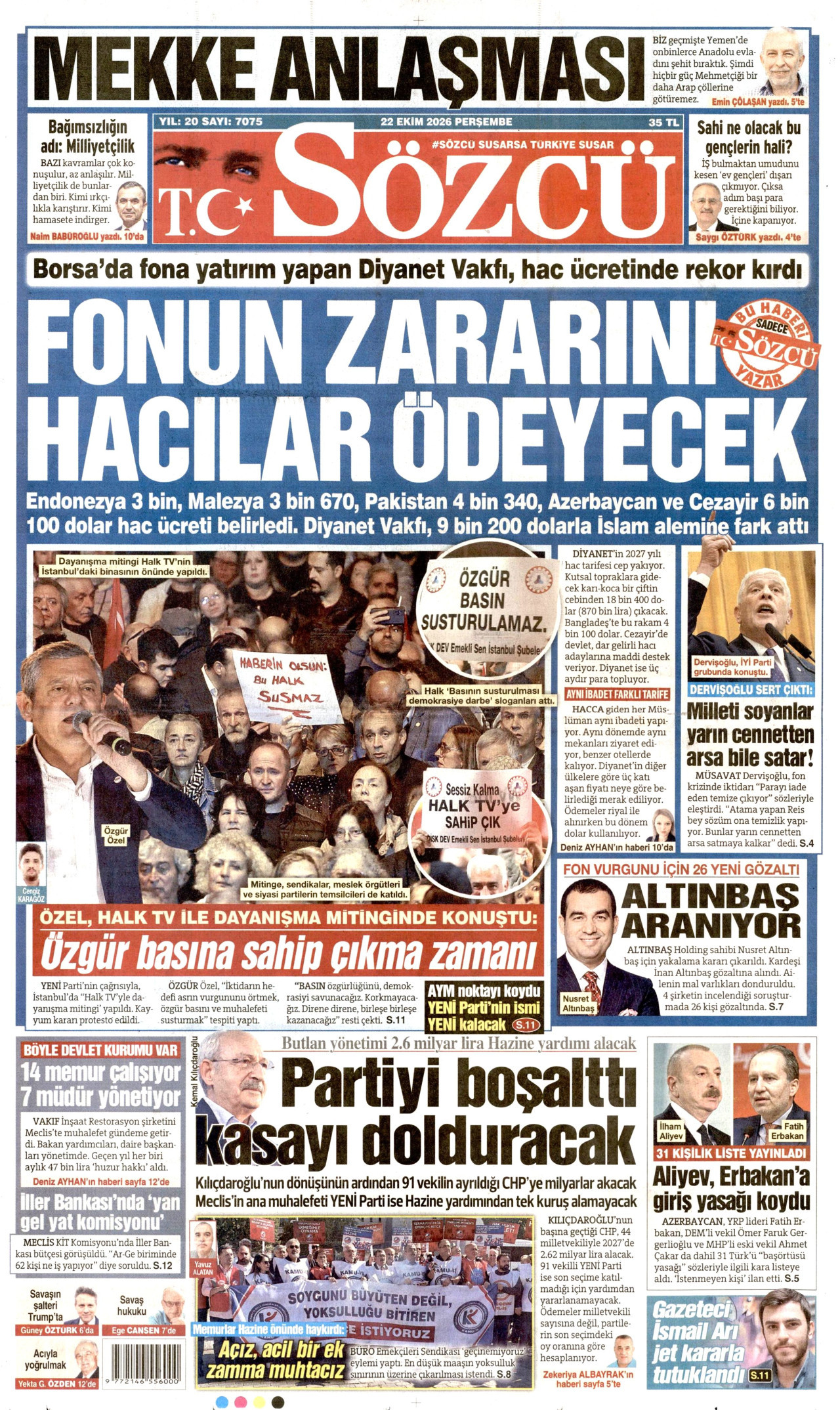 Sözcü Gazetesi 23 Ekim 2026 Cuma Manşeti Büyük Boyut