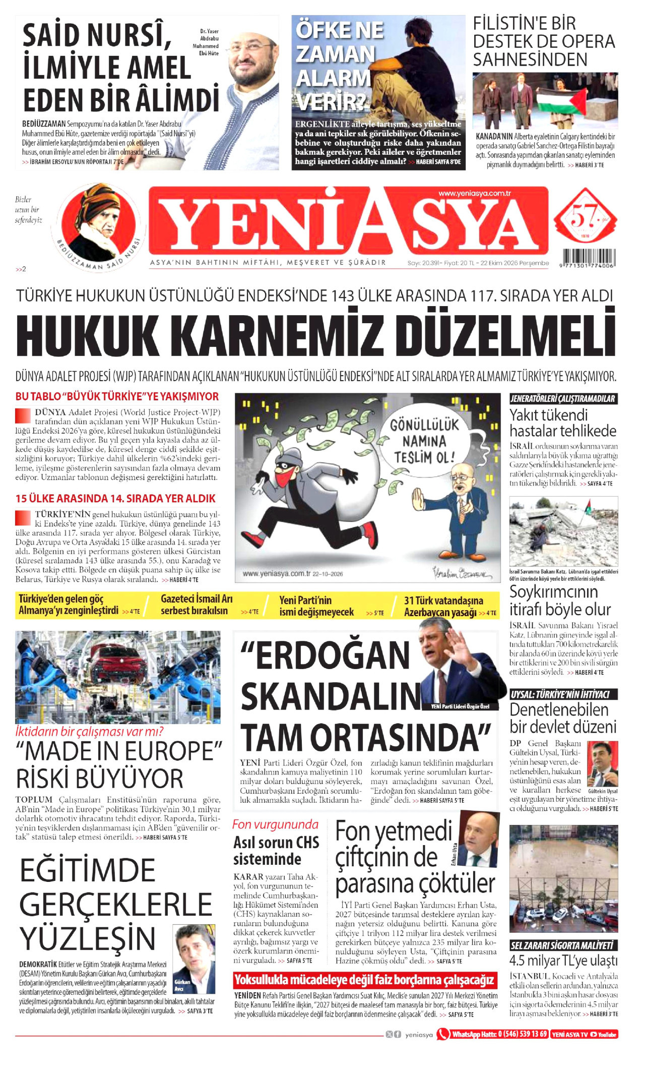 Yeni Asya Gazetesi 23 Ekim 2026 Cuma Manşeti Büyük Boyut
