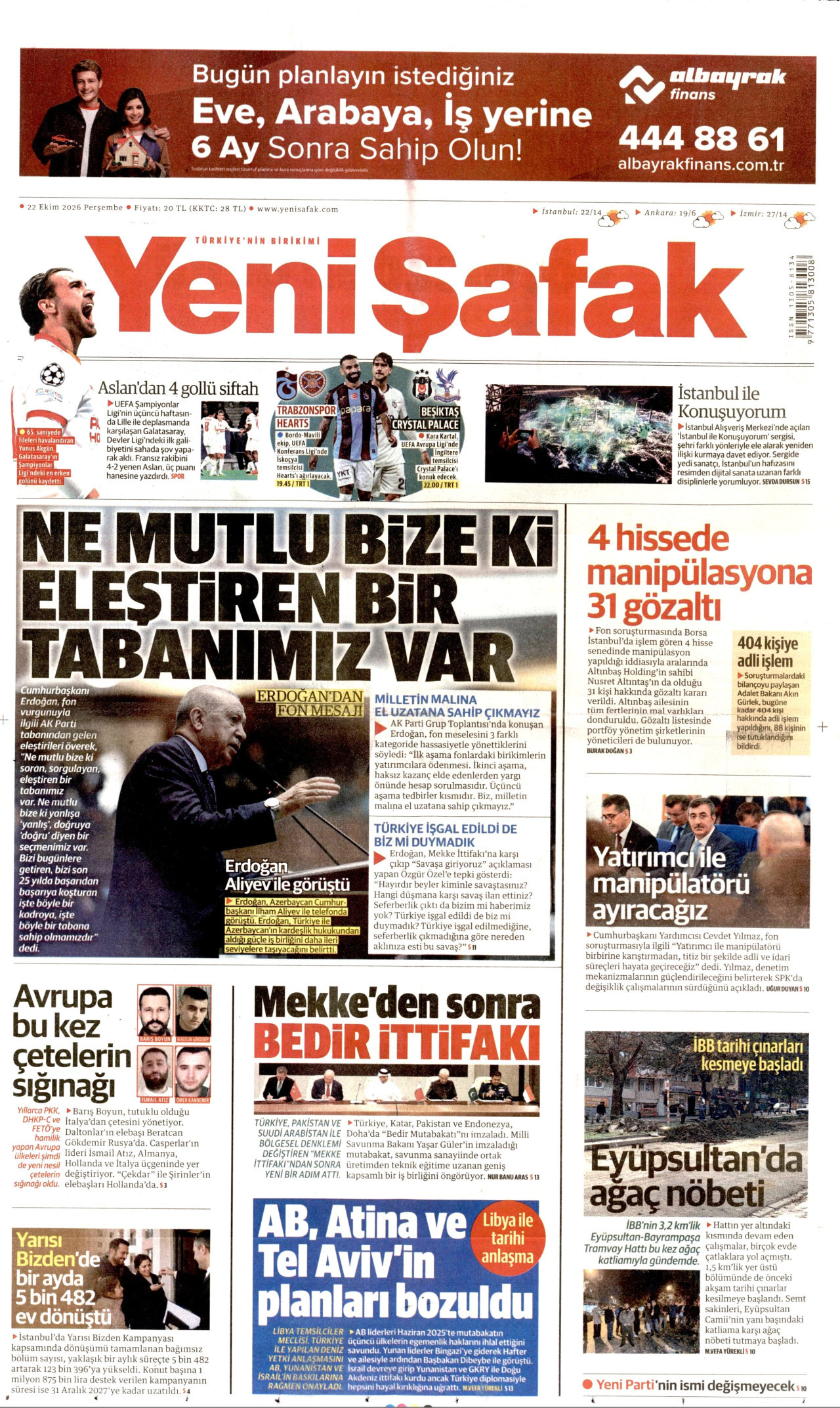 Yeni Şafak Gazetesi 23 Ekim 2026 Cuma Manşeti Büyük Boyut