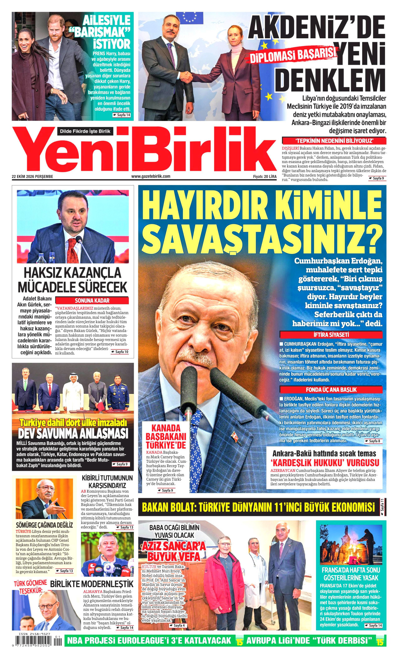 YeniBirlik Gazetesi 23 Ekim 2026 Cuma Manşeti Büyük Boyut