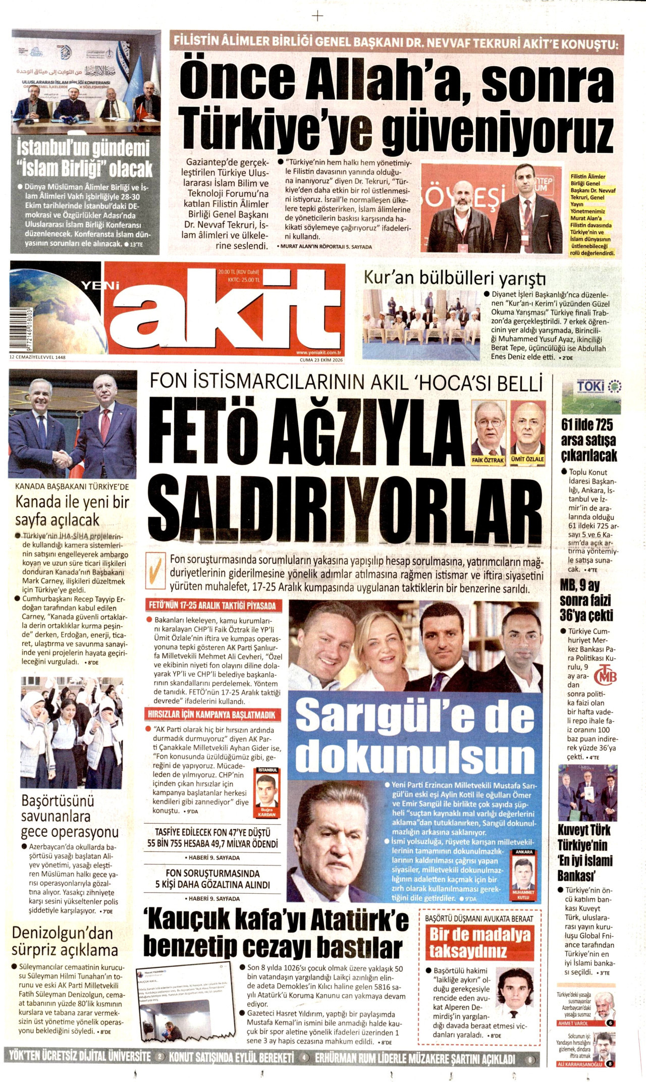 Yeni Akit Gazetesi 24 Ekim 2026 Cumartesi Manşeti Büyük Boyut