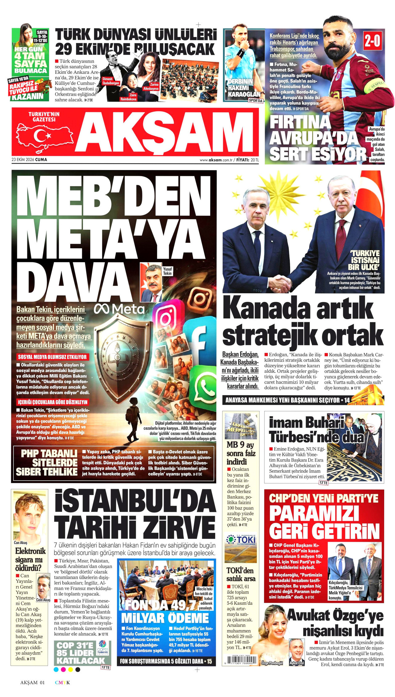 Akşam Gazetesi 24 Ekim 2026 Cumartesi Manşeti Büyük Boyut