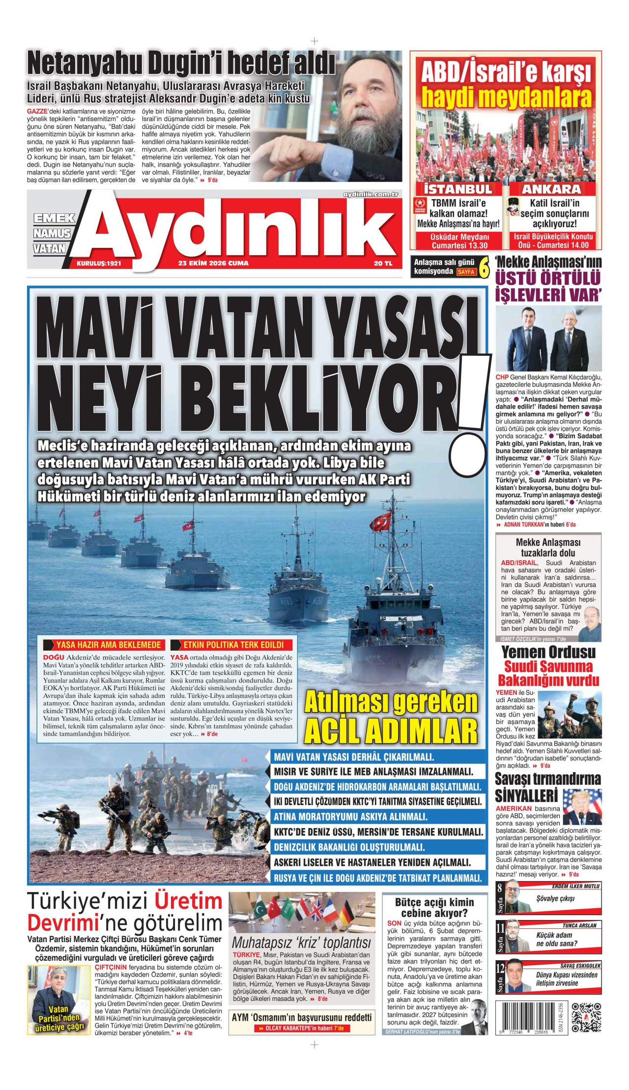 Aydınlık Gazetesi 24 Ekim 2026 Cumartesi Manşeti Büyük Boyut