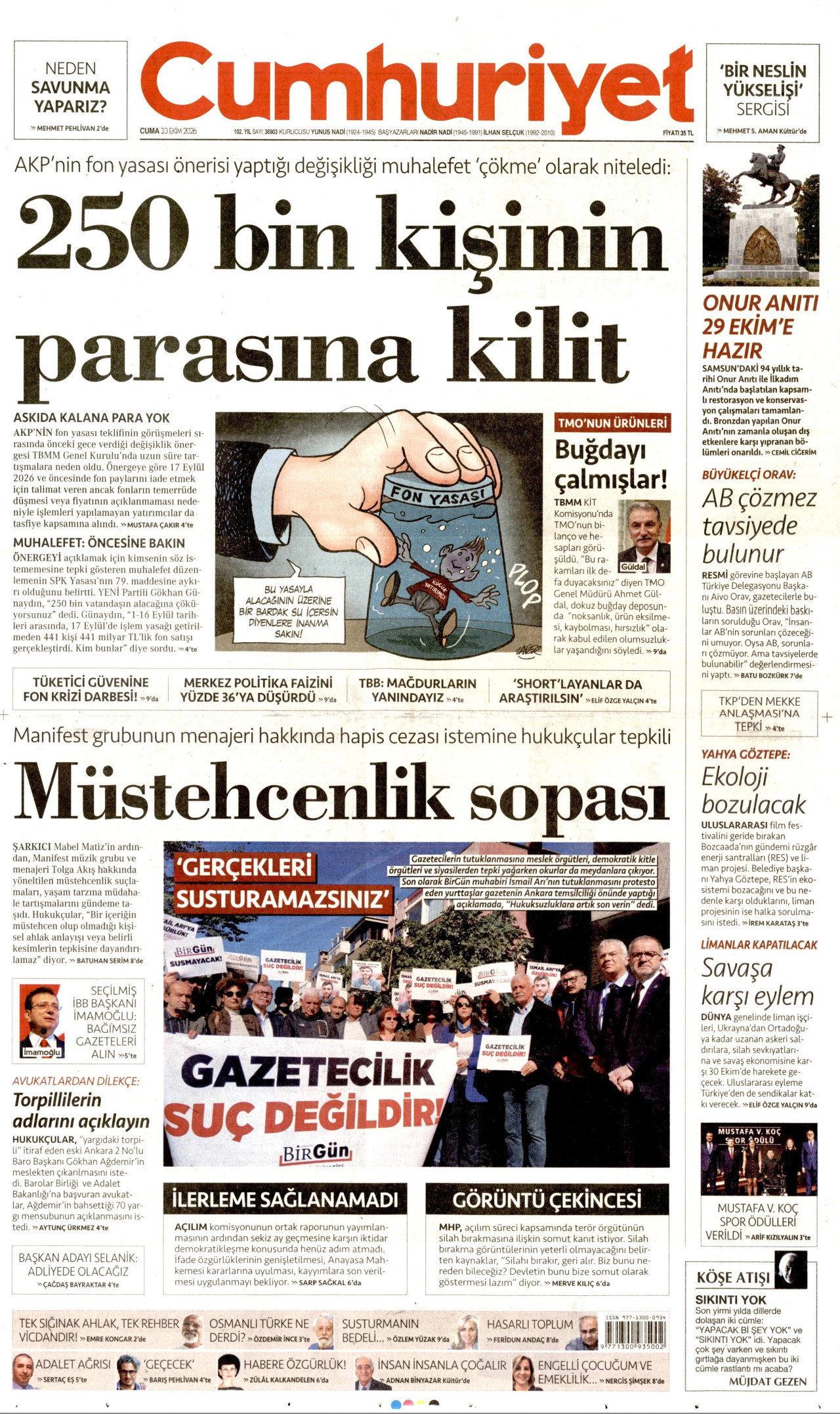 Cumhuriyet Gazetesi 24 Ekim 2026 Cumartesi Manşeti Büyük Boyut