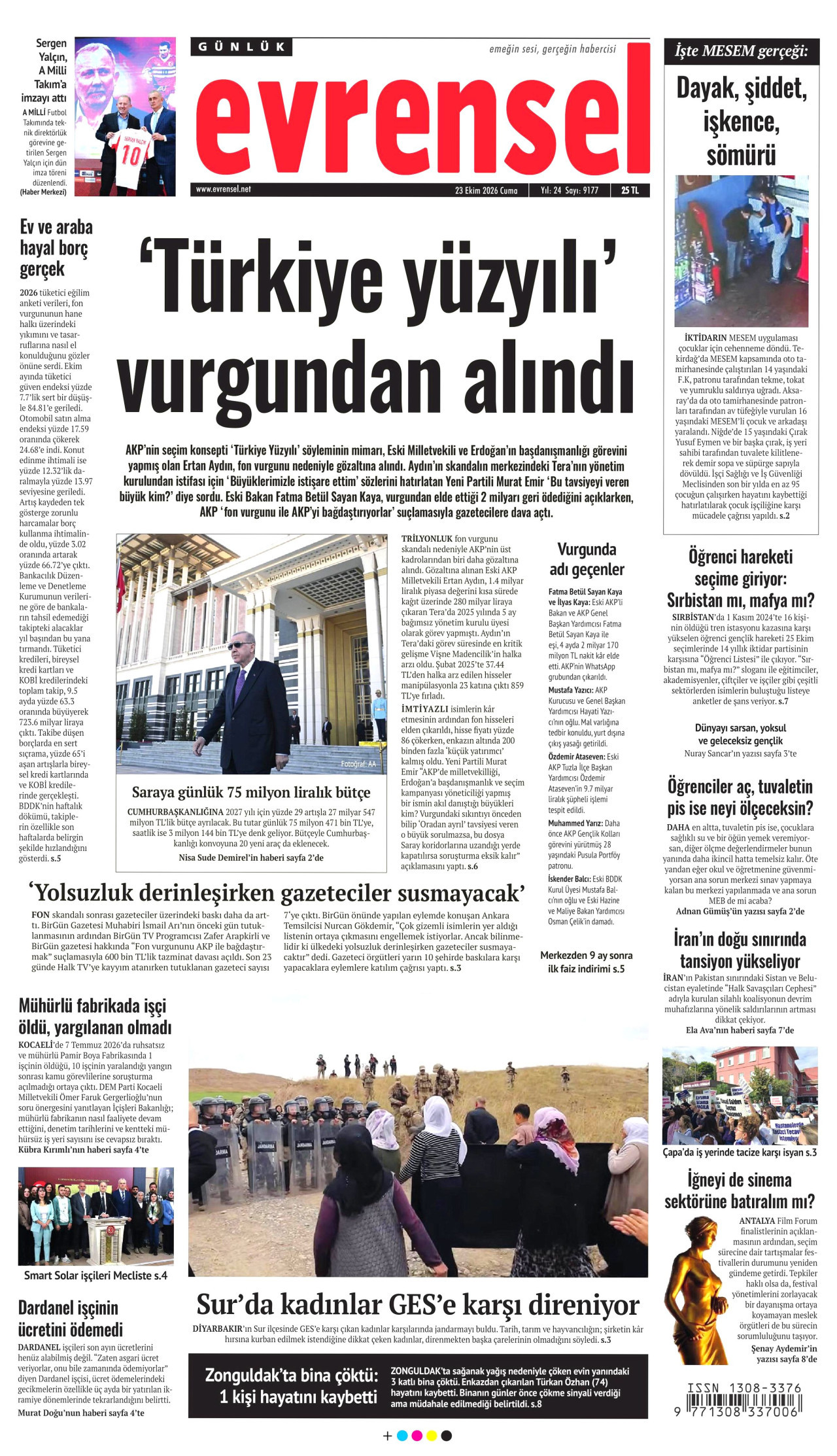 Evrensel Gazetesi 24 Ekim 2026 Cumartesi Manşeti Büyük Boyut