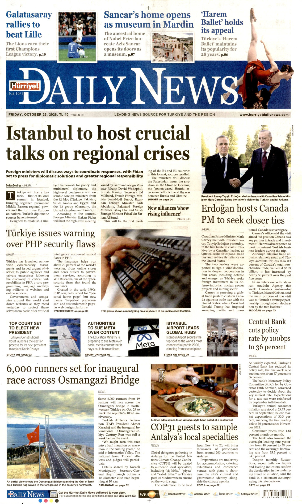 Hürriyet Daily News Gazetesi 24 Ekim 2026 Cumartesi Manşeti Büyük Boyut
