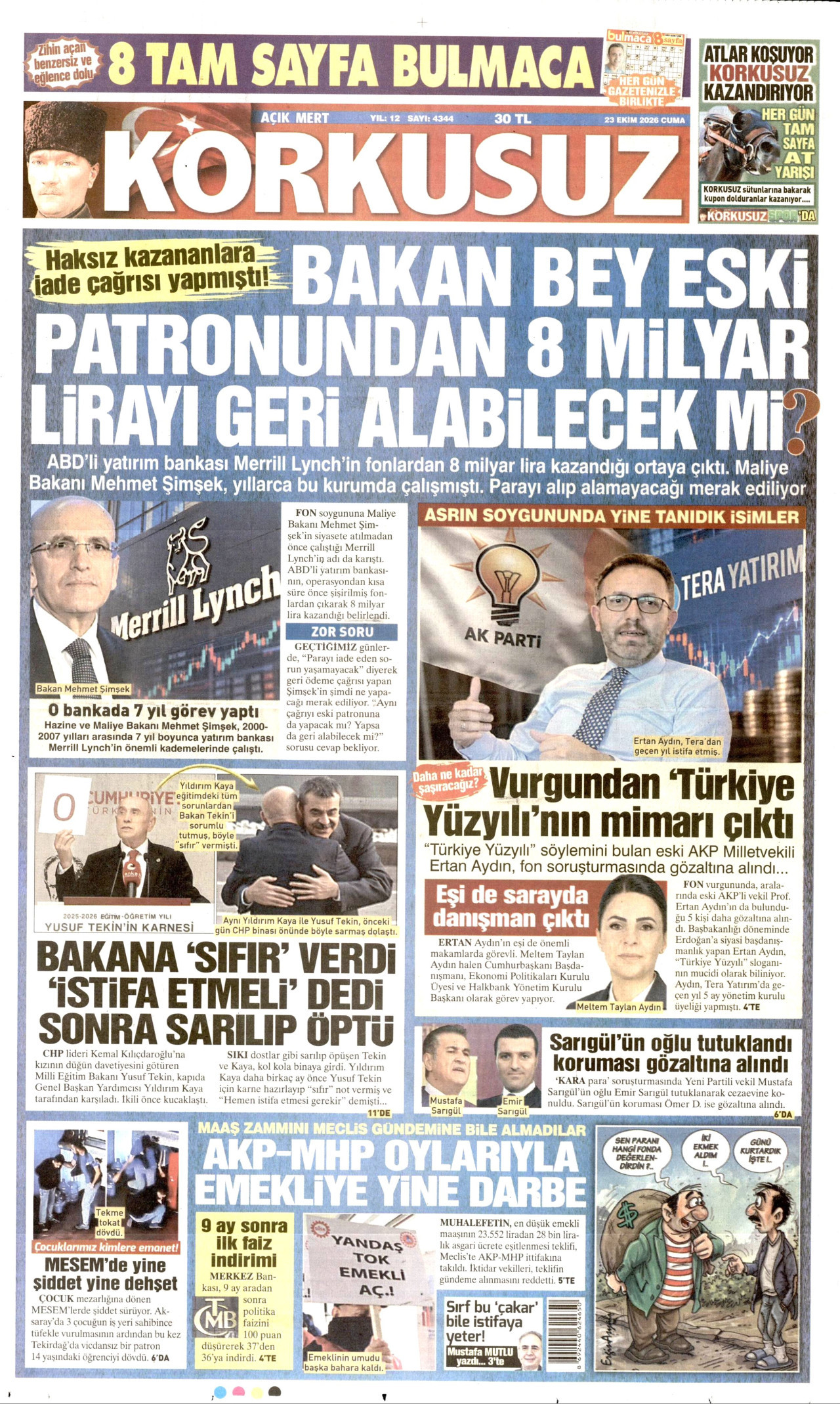Korkusuz Gazetesi 24 Ekim 2026 Cumartesi Manşeti Büyük Boyut
