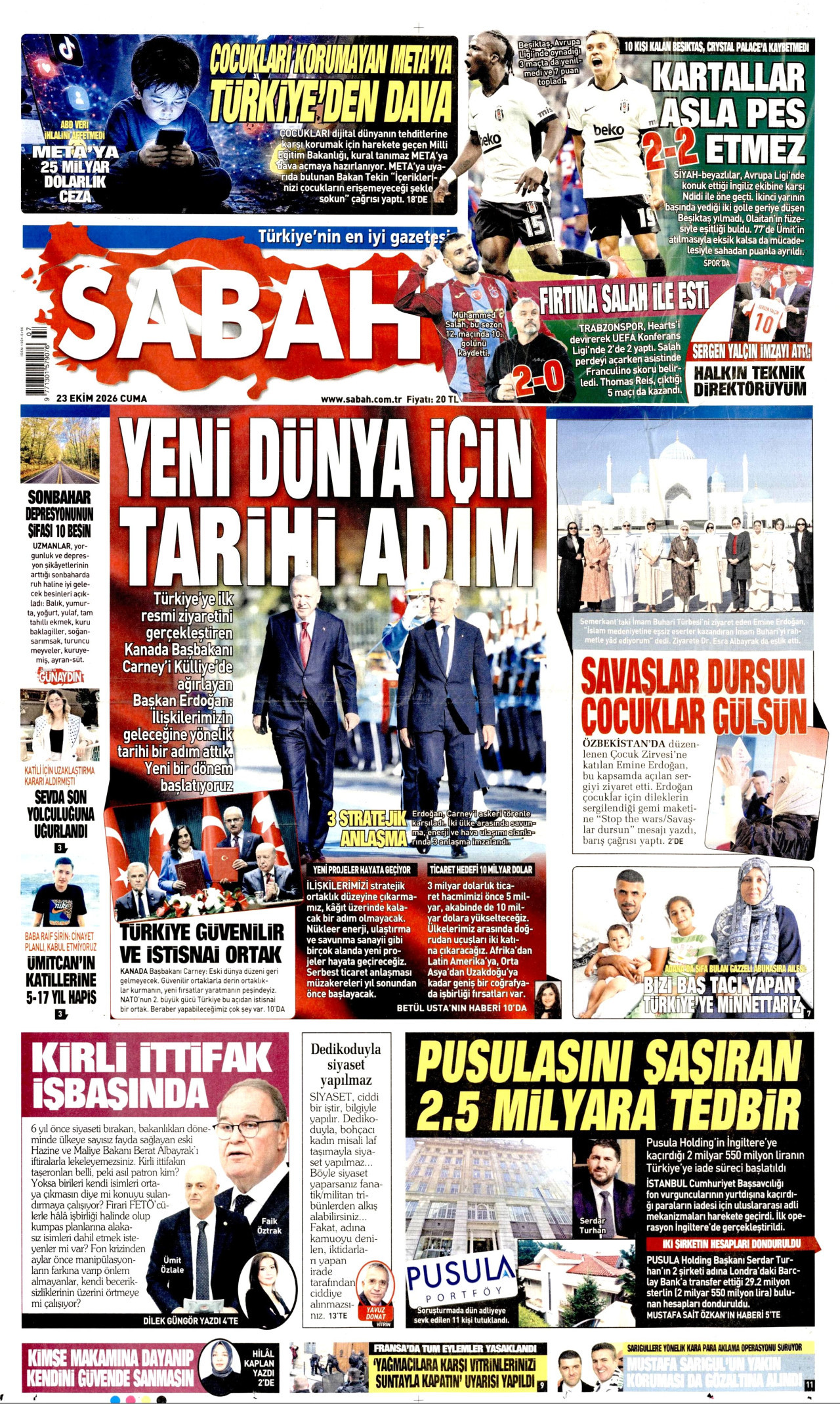 Sabah Gazetesi 24 Ekim 2026 Cumartesi Manşeti Büyük Boyut