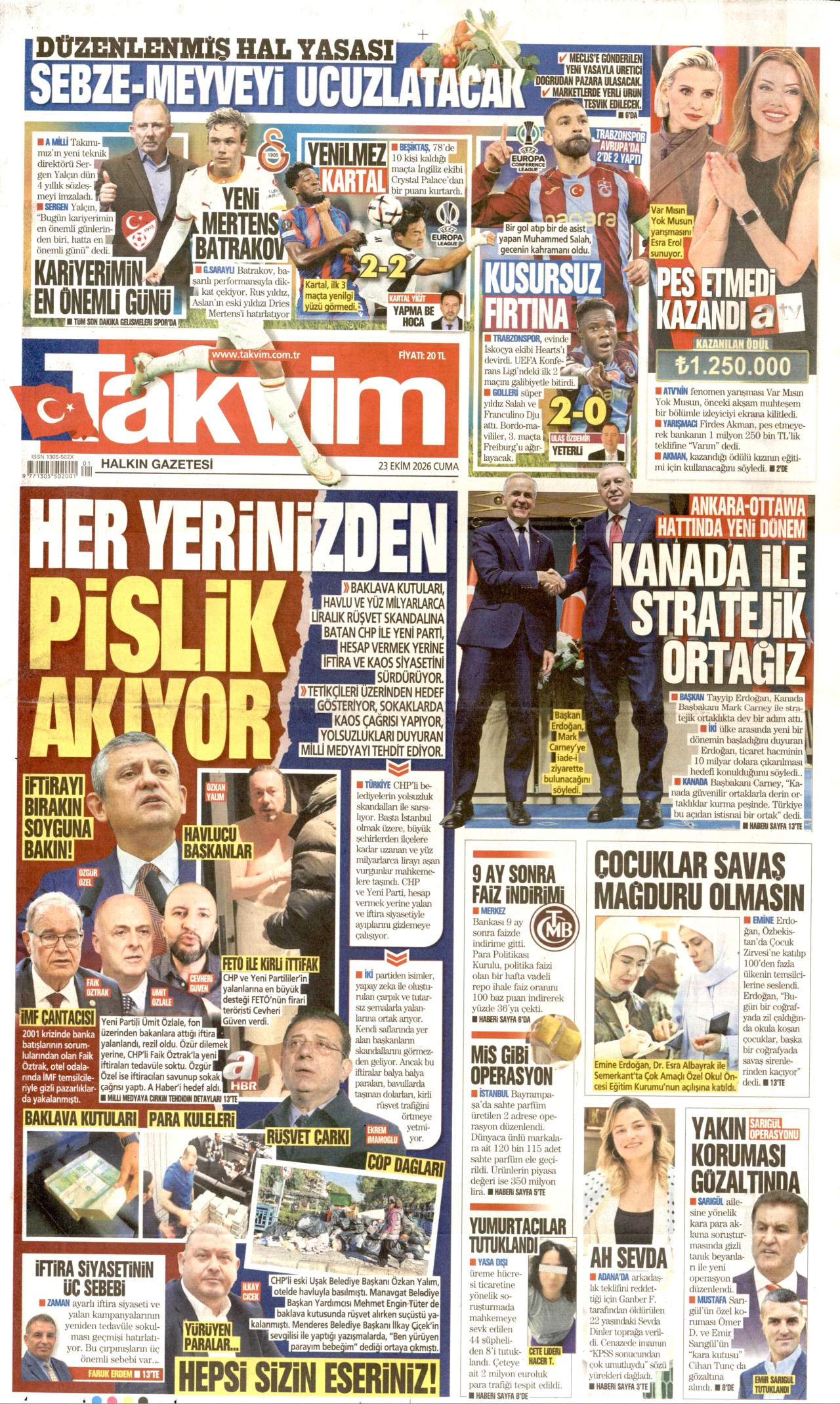 Takvim Gazetesi 24 Ekim 2026 Cumartesi Manşeti Büyük Boyut