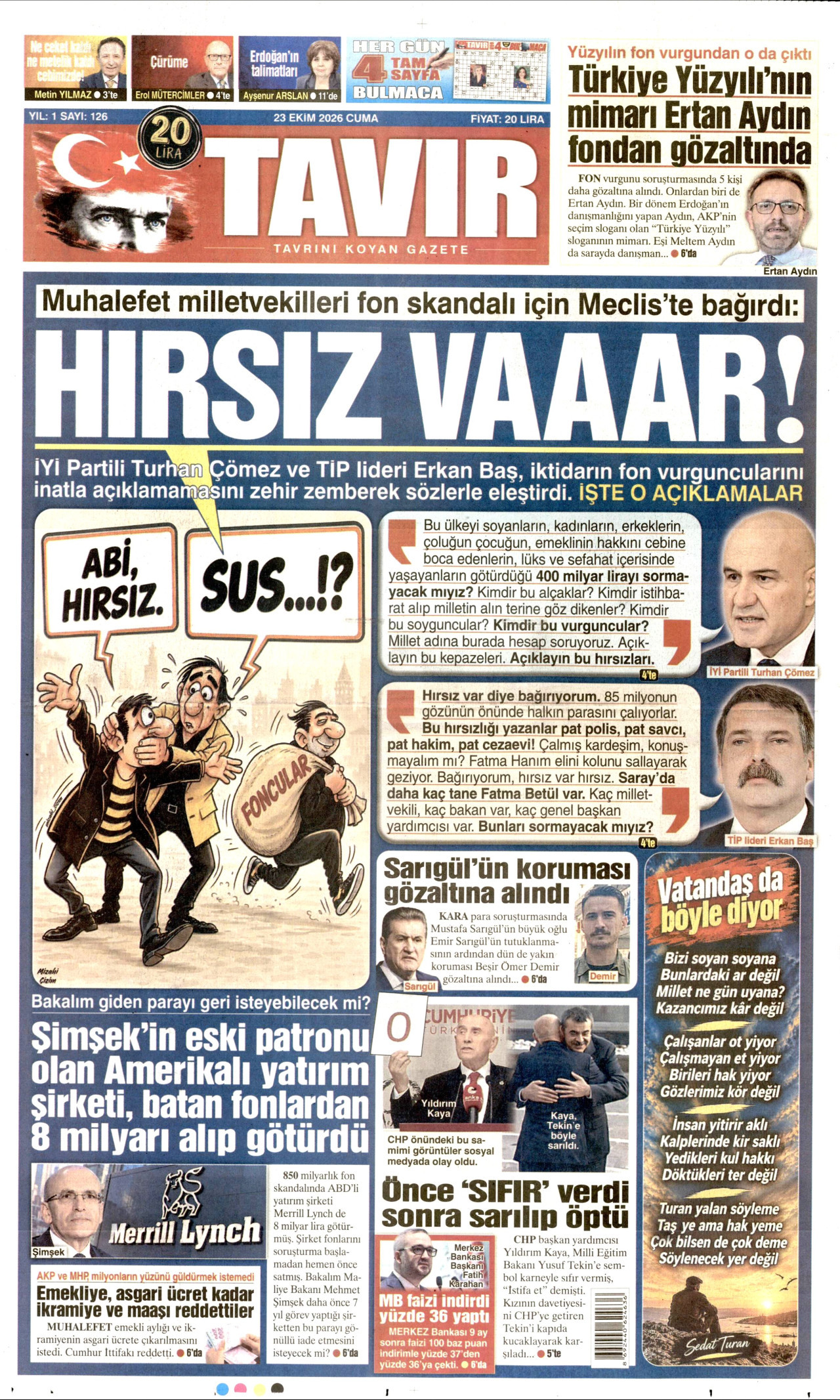 Tavır Gazetesi 24 Ekim 2026 Cumartesi Manşeti Büyük Boyut
