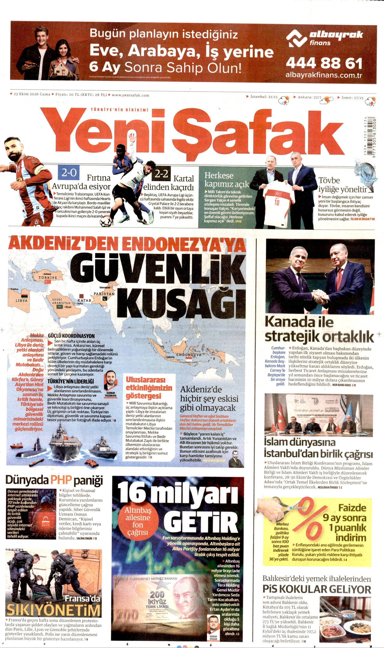 Yeni Şafak Gazetesi 24 Ekim 2026 Cumartesi Manşeti Büyük Boyut