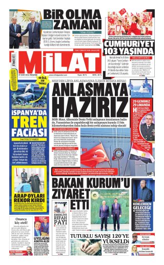 Milat Gazetesi 30 Ekim 2026 Manşeti